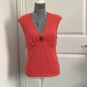 Bandolino Orange Fitted Ruched Tank Top with Brooch, Size XL